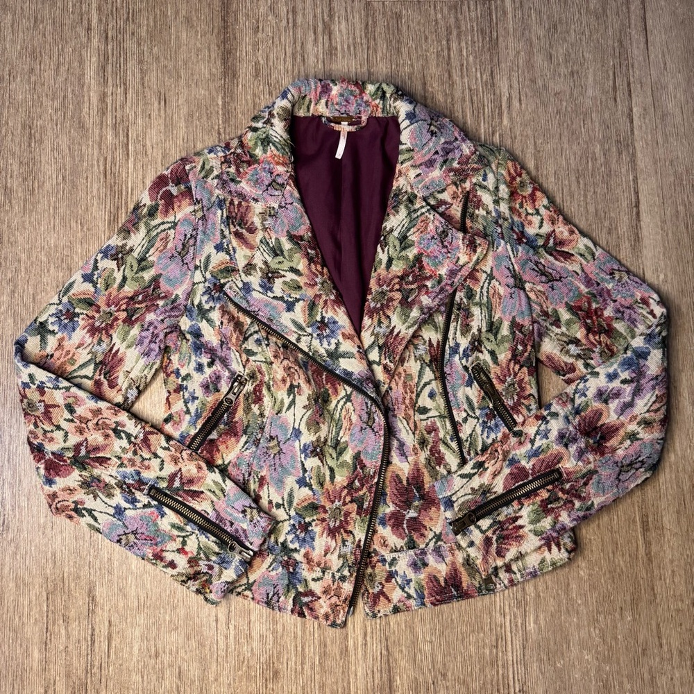 Free People ✨VINTAGE✨ Tapestry Moto Multicolor Floral Jacket Size 2